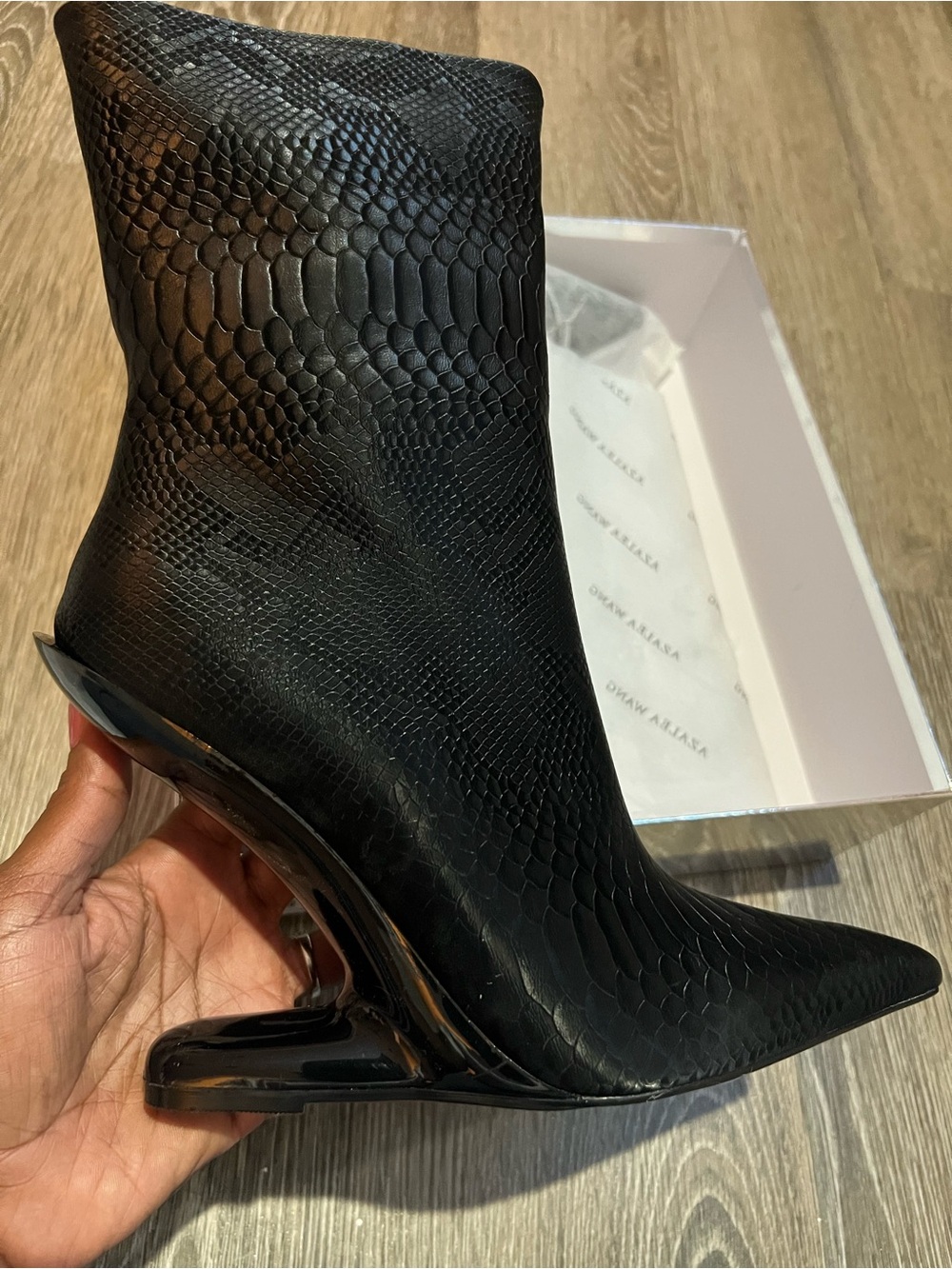 Azalea Wang Sculptural Pointed Ankle Boots in Black Snake Texture - Women